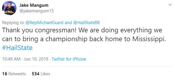 Jake Mangum replied to Congressman Michael Guest's tweet