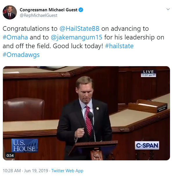 Congressman Michael Guest tweeted for Mississippi State baseball team